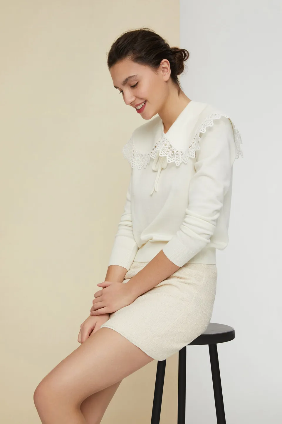 Patou KN023 Pull col crochet crème laine fine