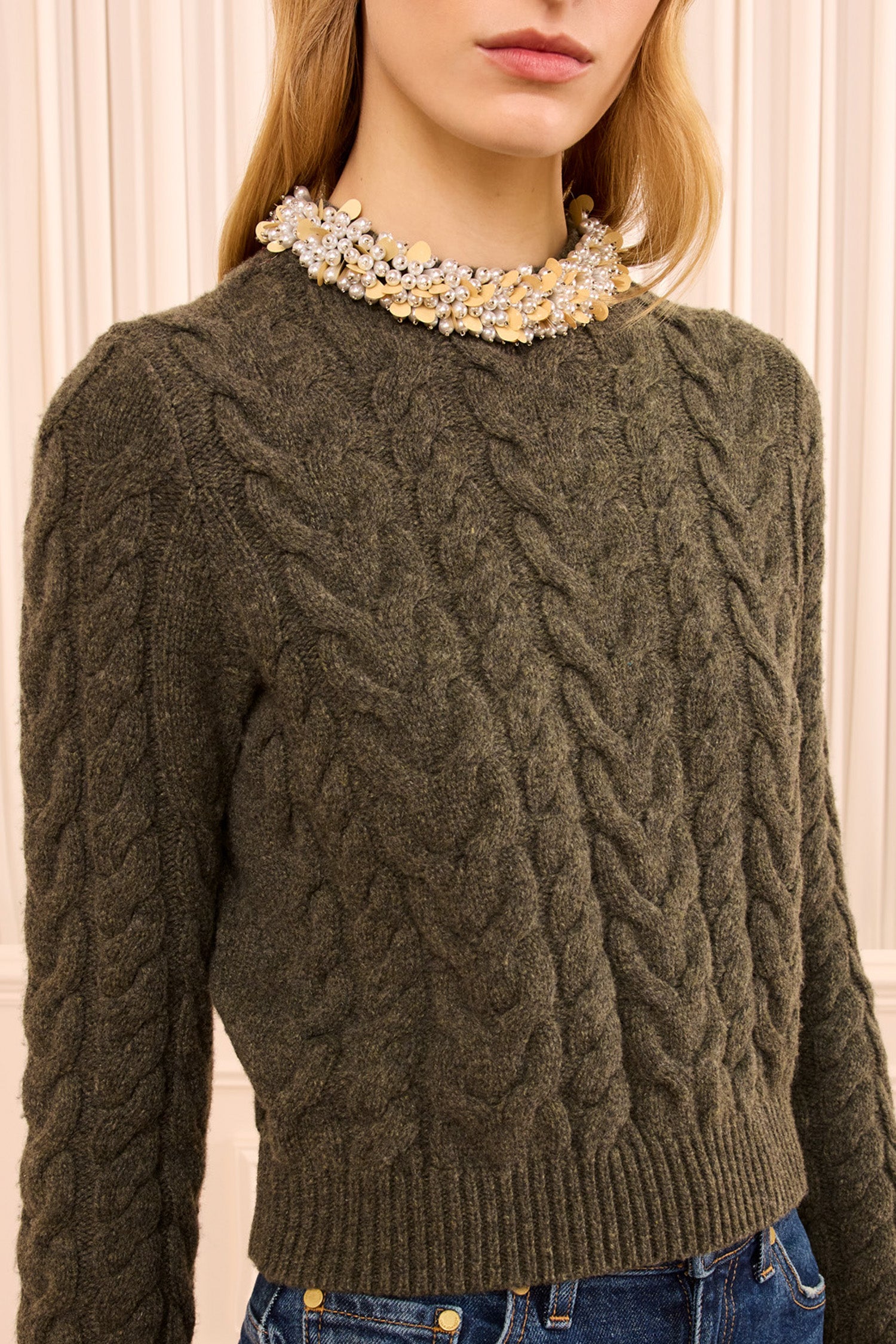 Ulla Johnson Marlie Pull laine cachemire Militaire perles