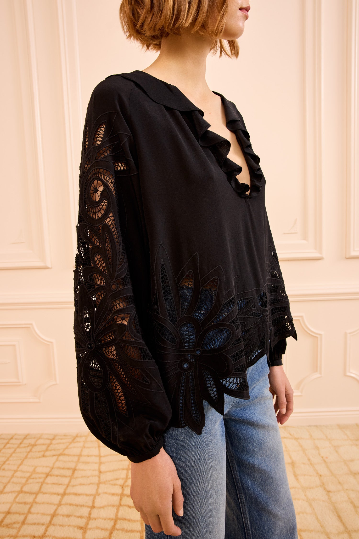Ulla Johnson Adonis Silk Blouse chemisier noir soie brodé