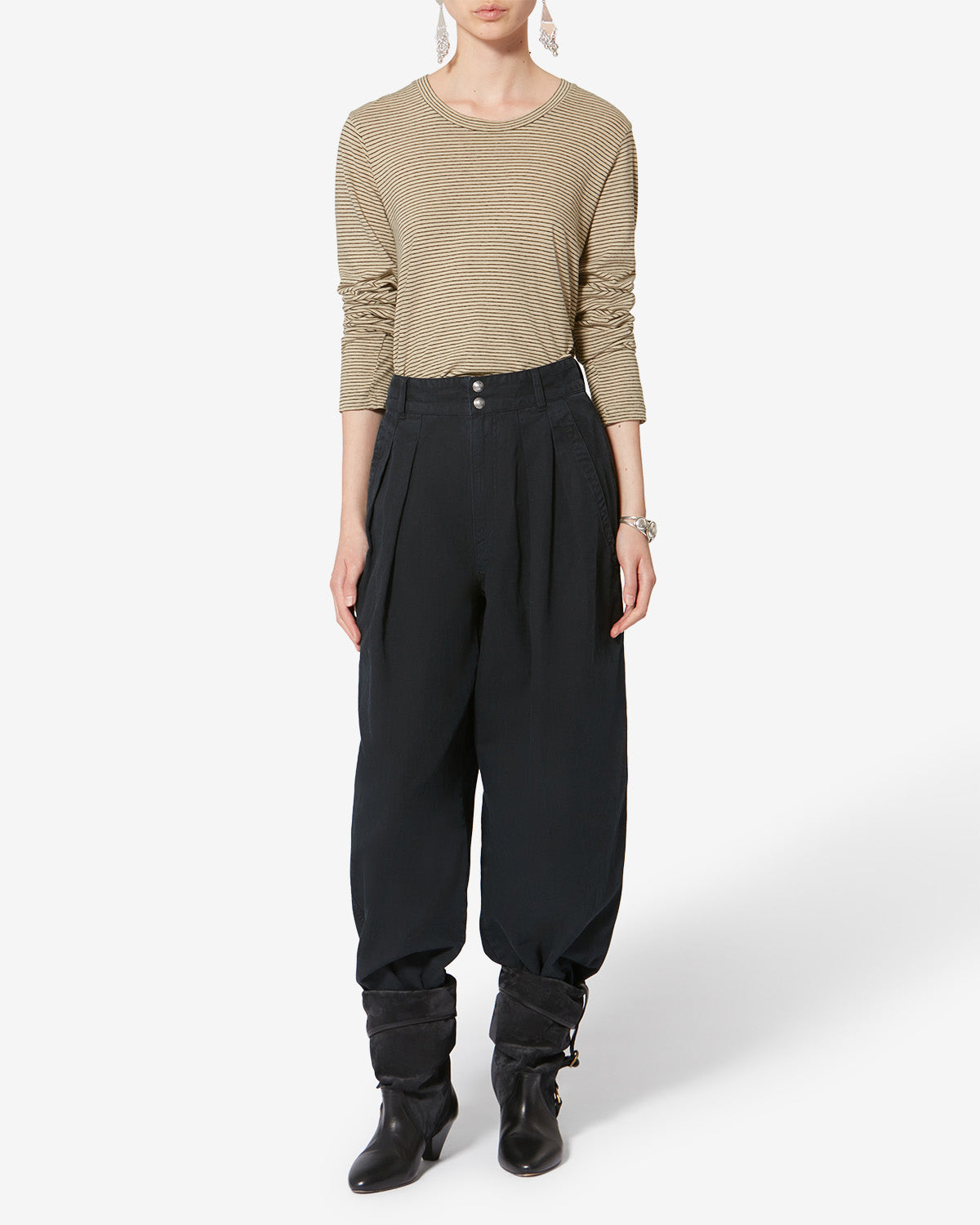 Isabel Marant Kaaron t-shirt noir-beige rayé lin