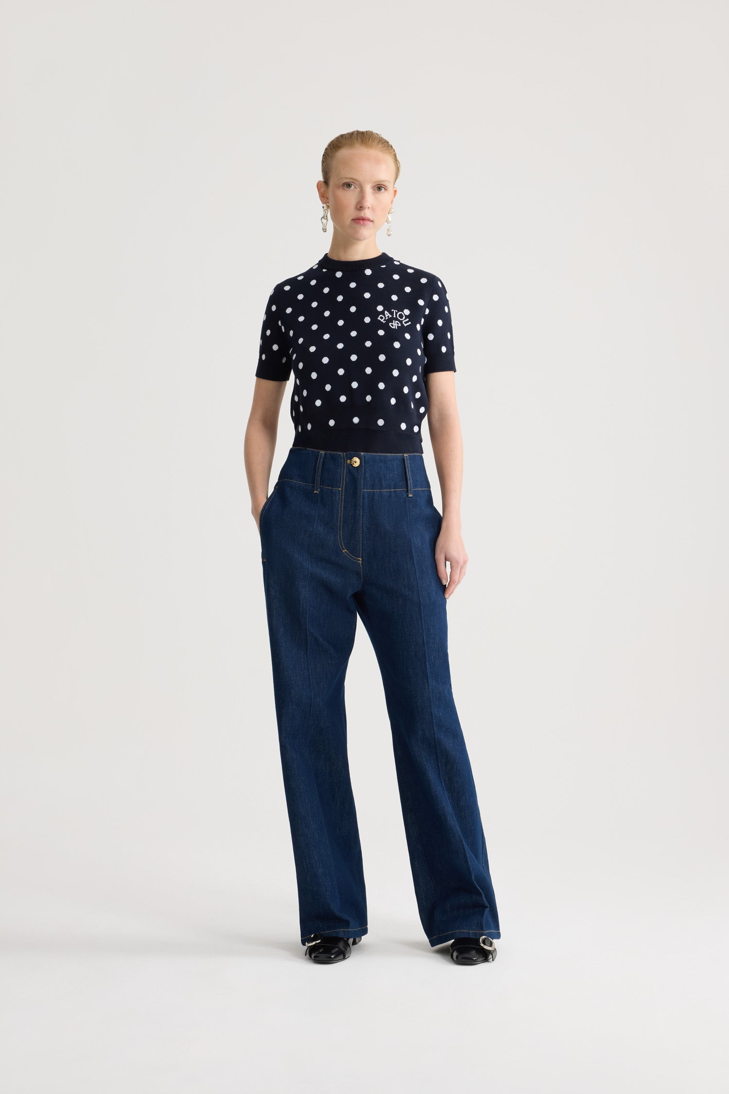 Patou KN318 t-shirt crop coton pois bleu Meteorite