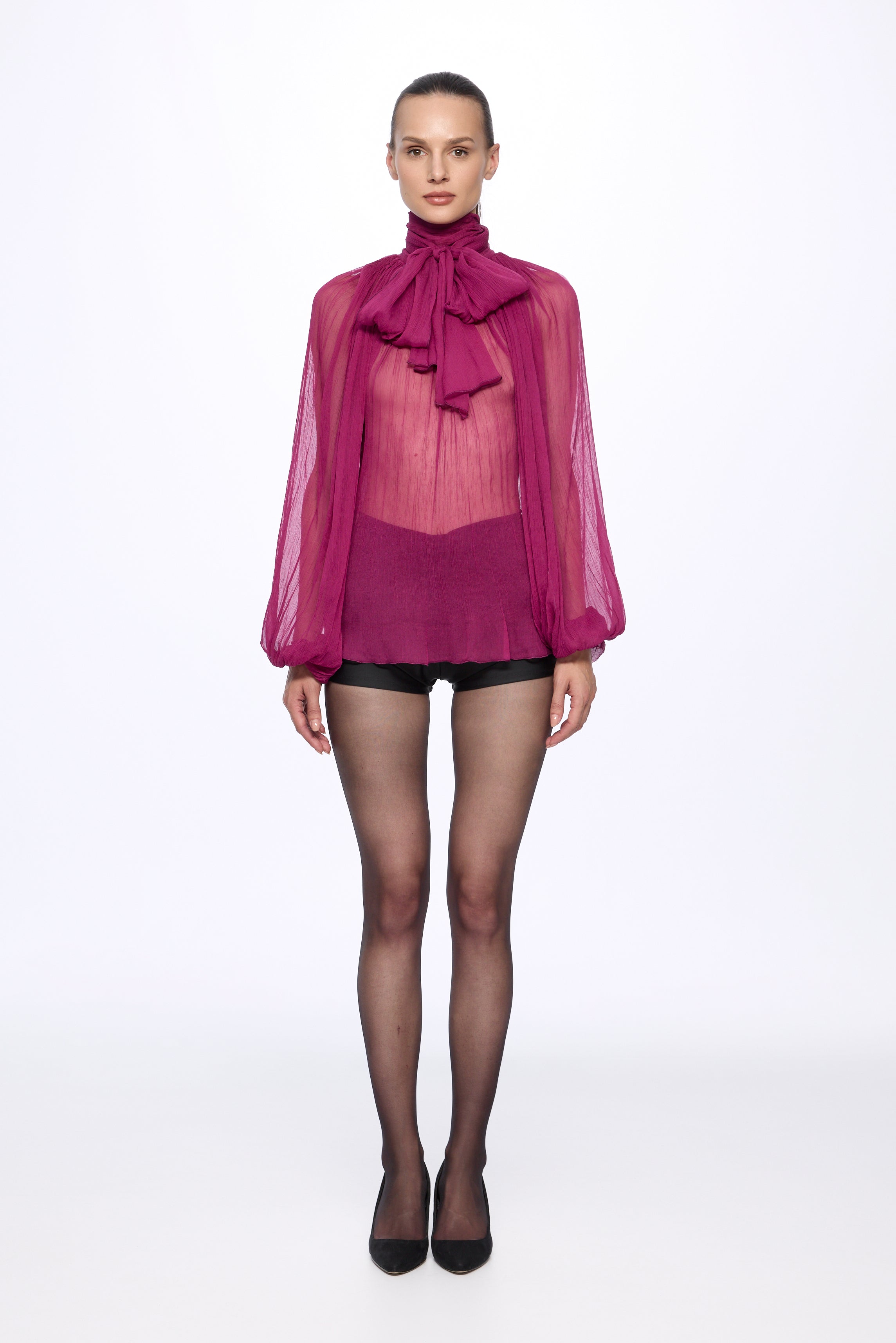 ATU Body Couture Silk chemisier soie fuchsia à foulard