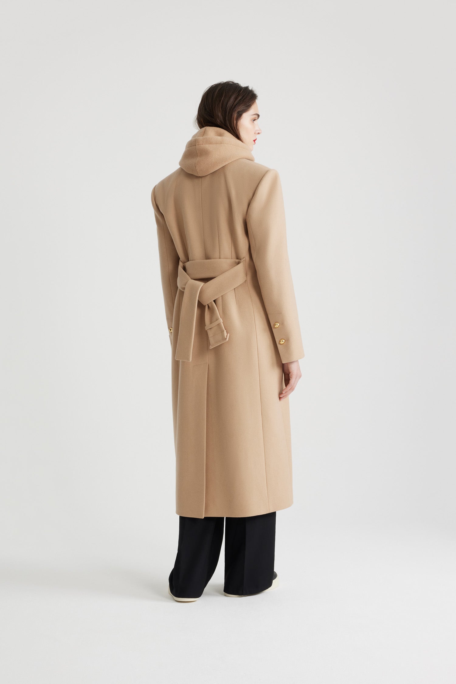 Patou CO024 manteau laine cachemire Beige long droit ceinturé