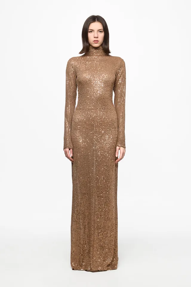 ATU Body Couture Sequins and Feathers robe sequins marron plumes
