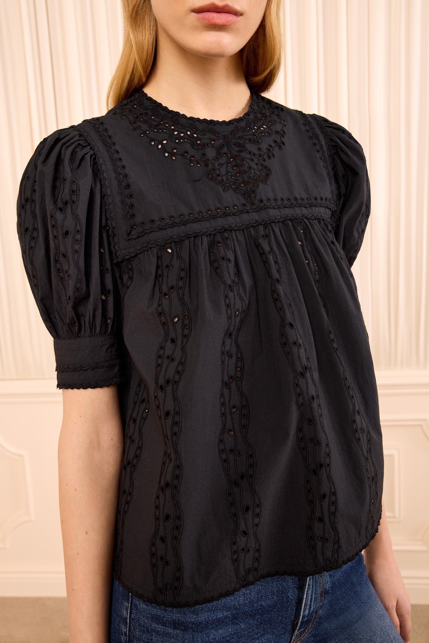 Ulla Johnson Una Top Coton Noir Broderie Manches Courtes