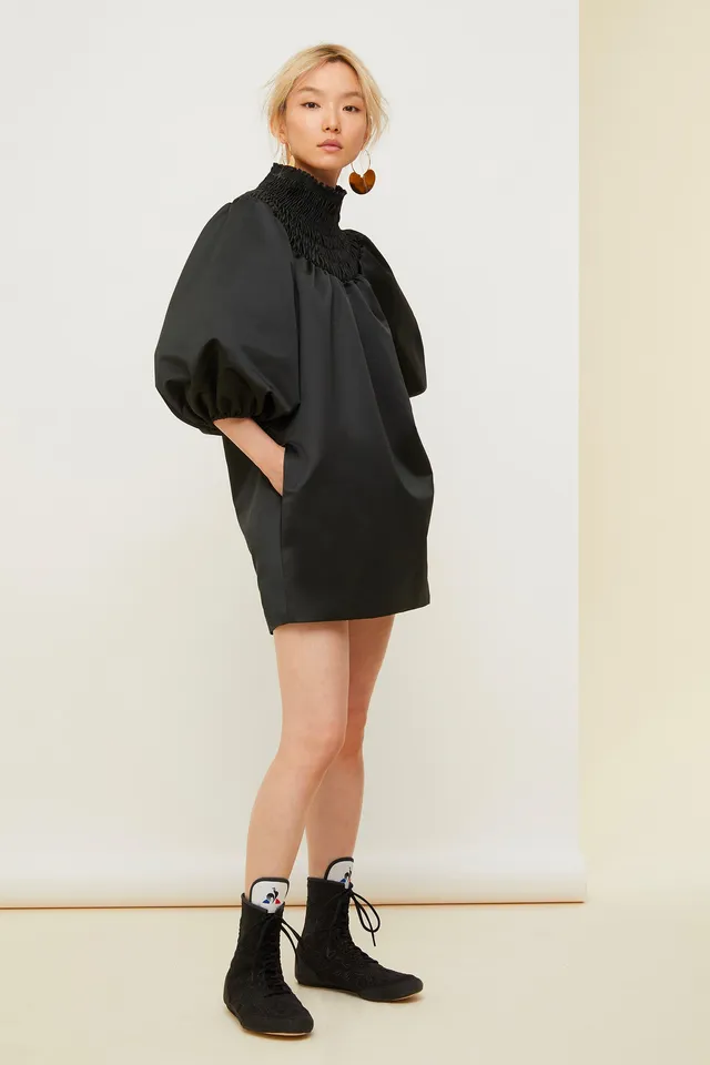 Patou H20DR023 robe Black satin mini col smocké