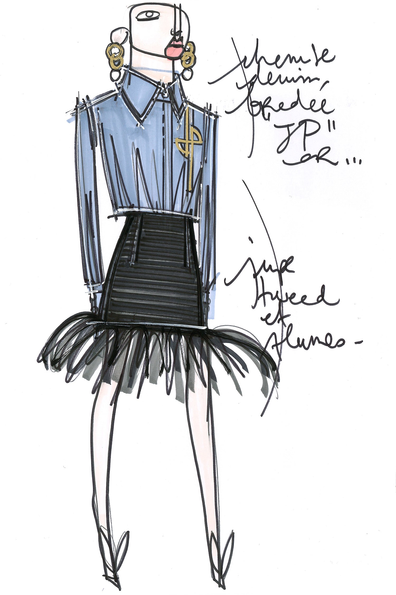 Patou E20SK0120047999B mini jupe tweed coton noir plumes
