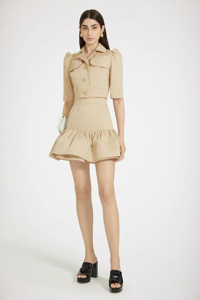 Patou P24SK0600074113B mini jupe gabardine beige volant