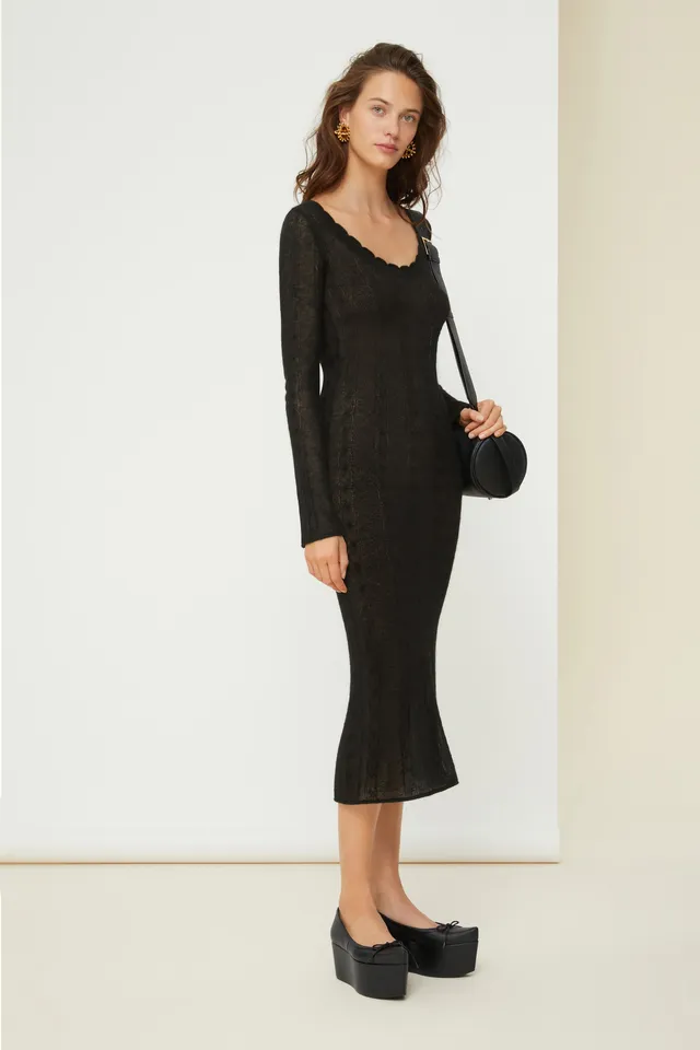 Patou P21KN0458035999B robe midi noire mohair ajourée