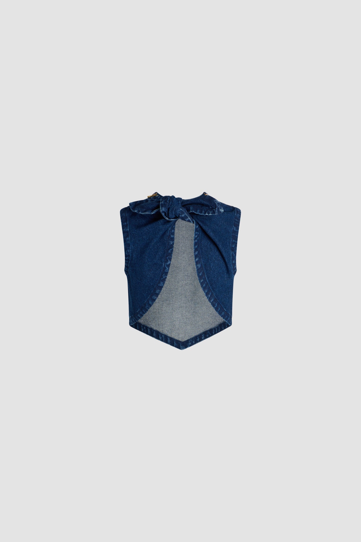Patou TO161 top denim coton Ink Blue cropped dos noué