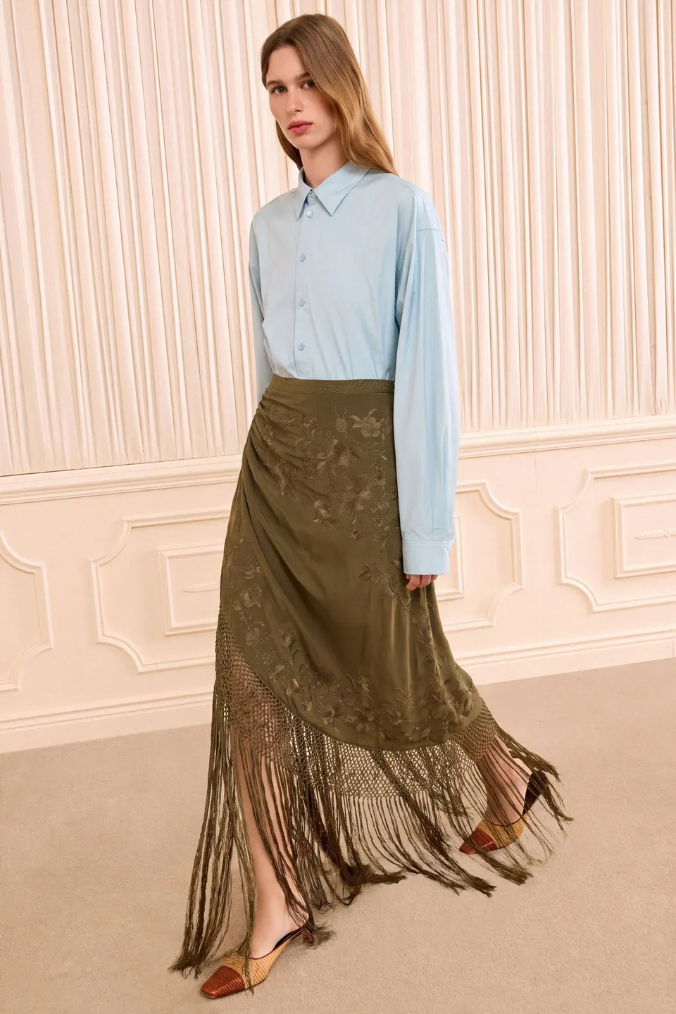 Ulla Johnson Lark FA260300 jupe soie Malachite midi brodée