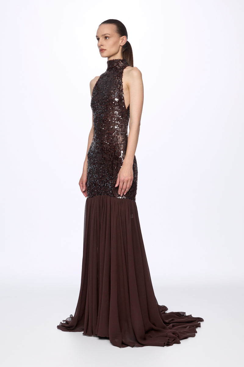 ATU Body Couture robe longue sequins marron col montant dos ouvert