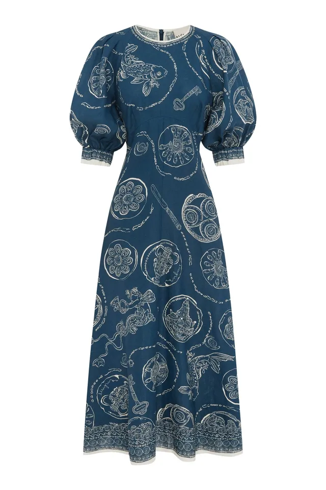 Alemais Lucky robe midi lin col rond imprimé