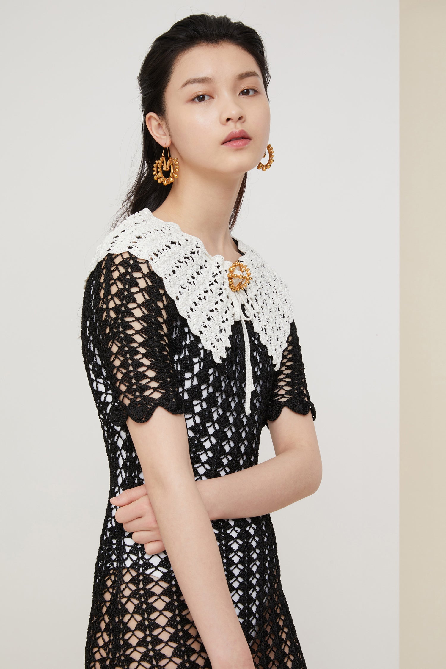 Patou KN024 robe maxi noire crochet bicolore