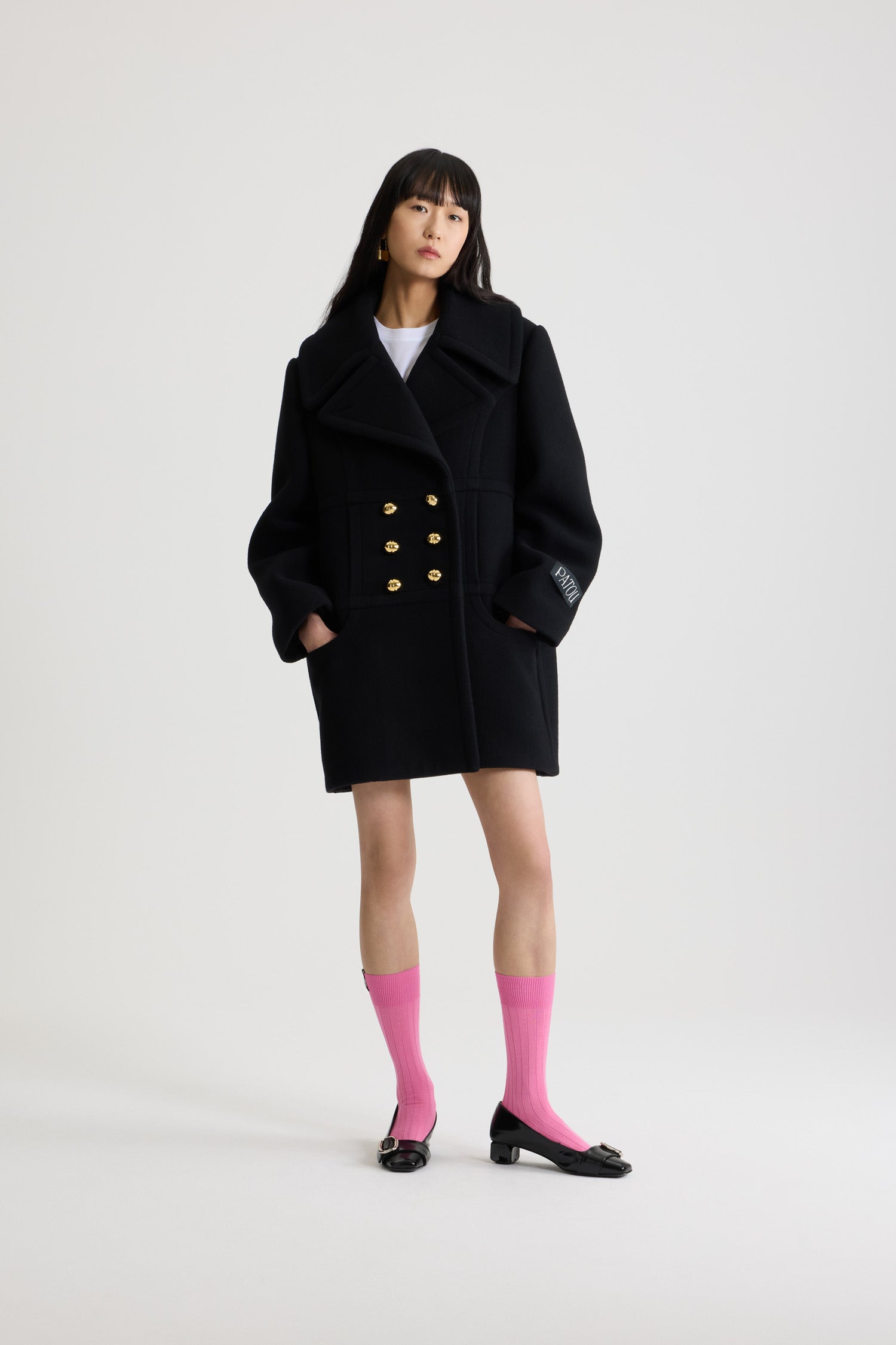 Patou CO033 manteau croisé laine noire double boutonnage 34-44