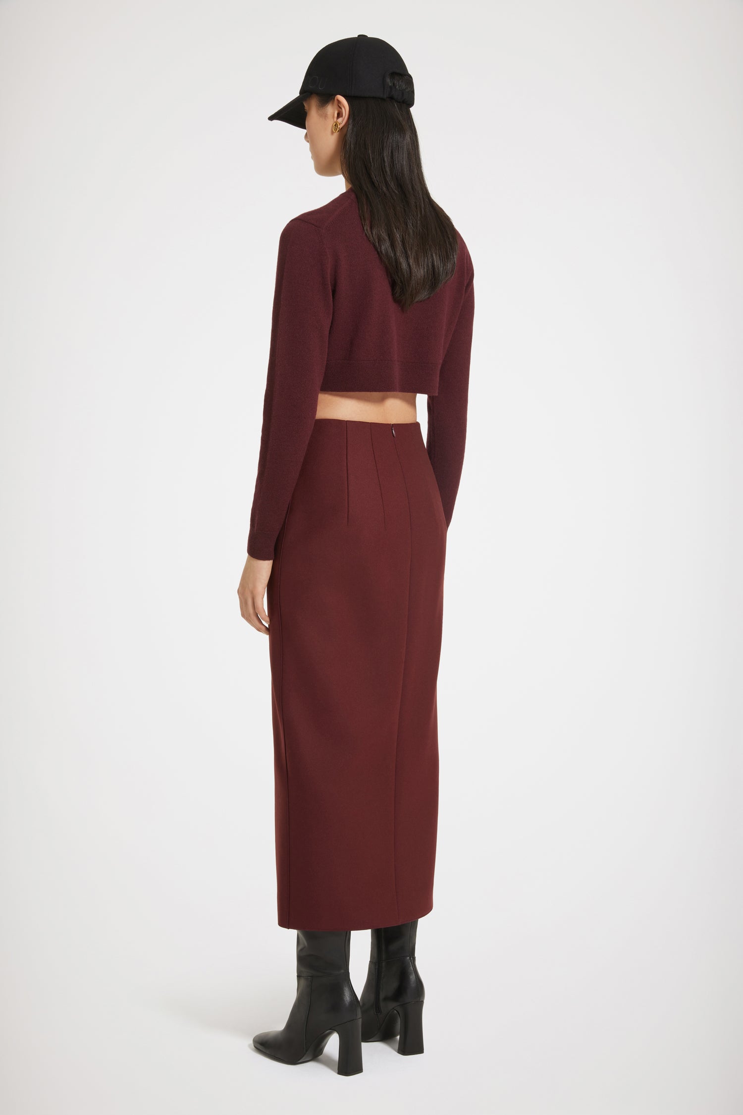 Patou SK054 jupe midi bordeaux feutre laine fendue