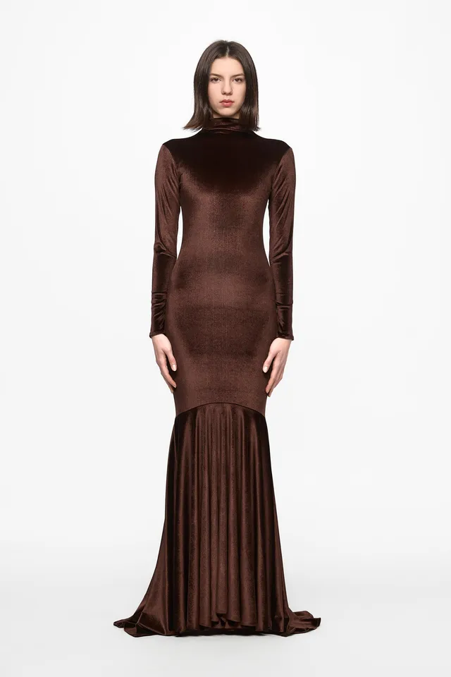 ATU Body Couture High neck robe maxi S velours marron