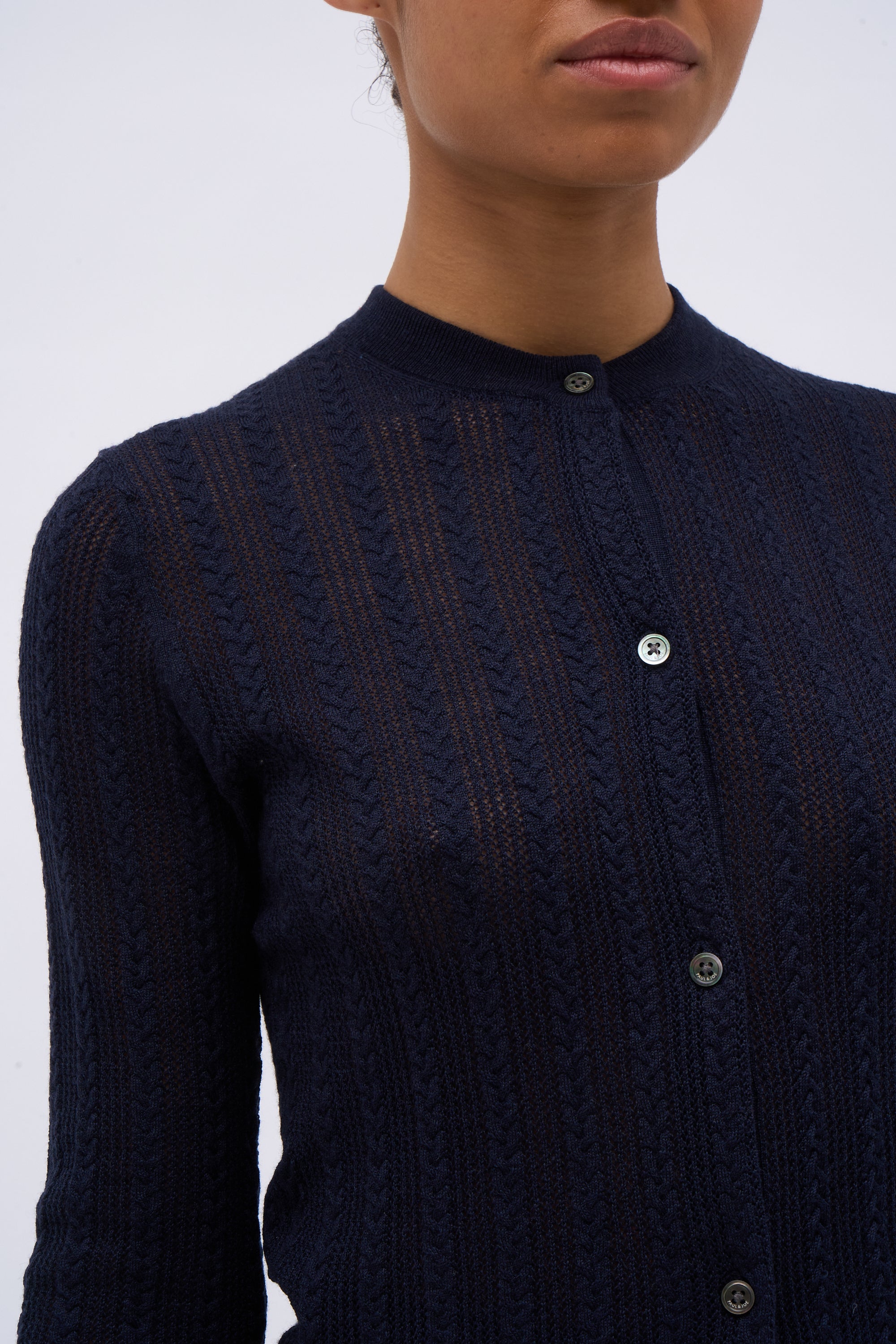 Paul & Joe Junon cardigan laine mérinos marine pointelle