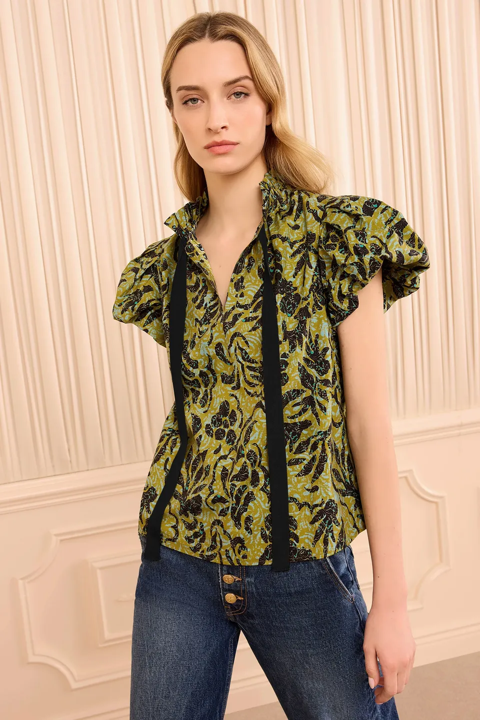 Ulla Johnson Estela haut coton Chartreuse manches courtes