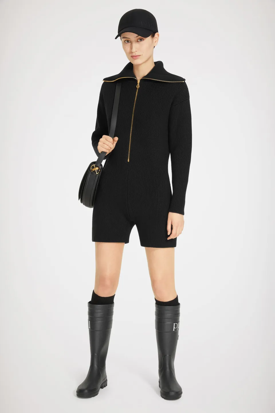 Patou playsuit combishort maille laine Merinos noire zip