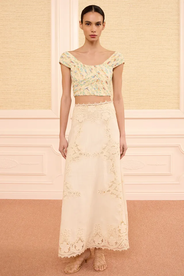 Ulla Johnson Fleur Linen Midi Skirt jupe ivoire lin brodé