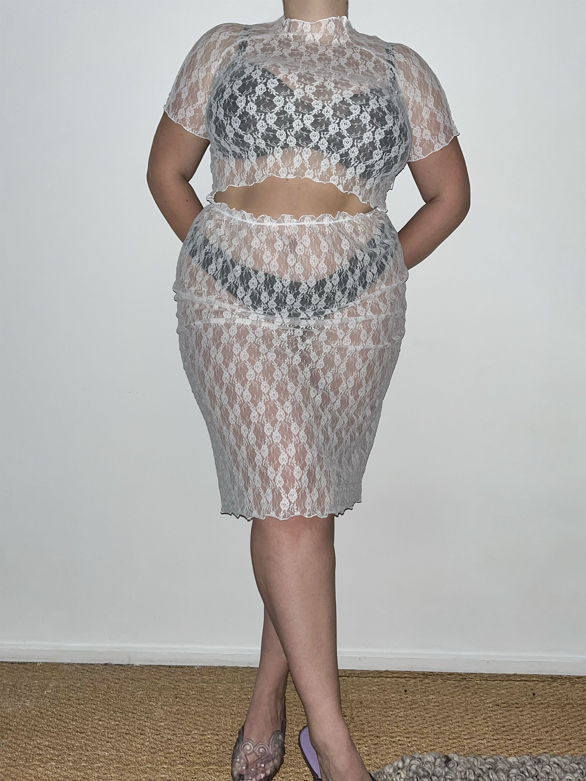 Ester Manas Floral jupe dentelle blanche midi droite