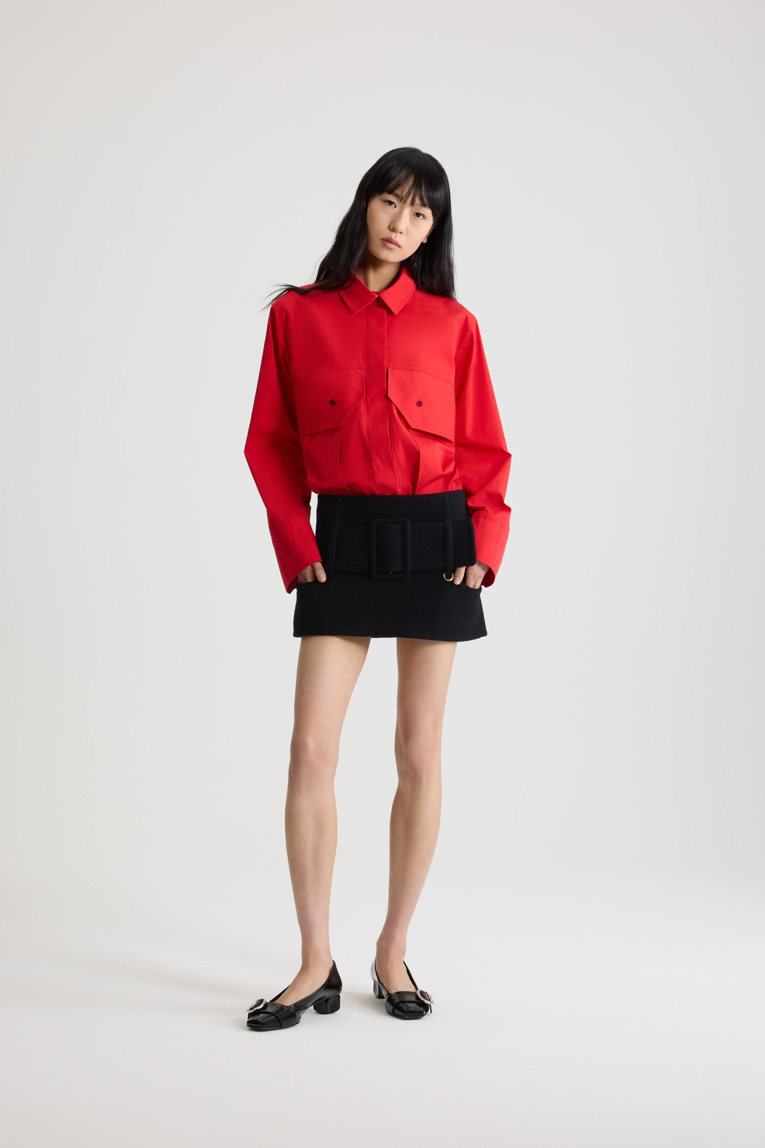 Patou SK099 mini jupe laine bouillie noire à ceinture