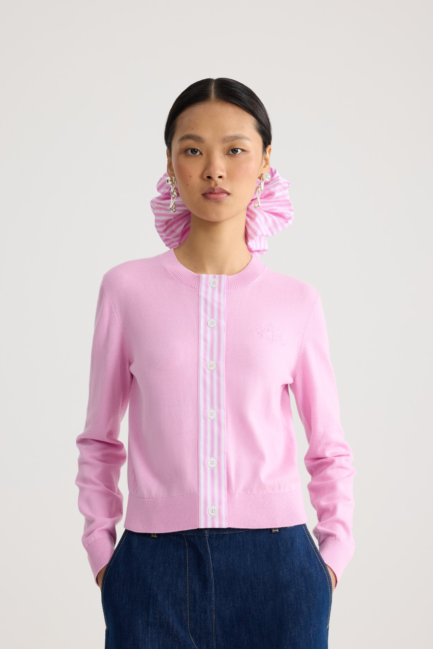 Patou KN343 cardigan court coton rose bougainvillier