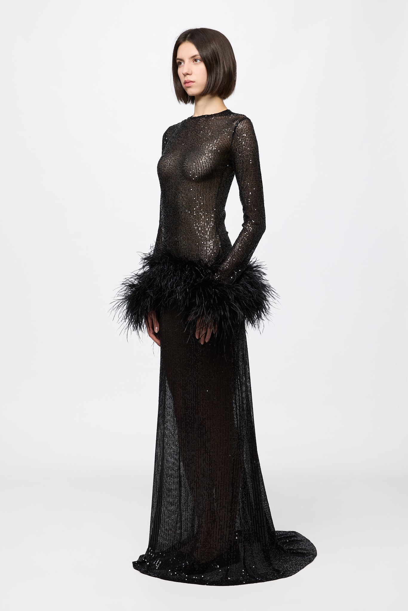 ATU Body Couture Sequins Robe Sequins Plumes Noire S