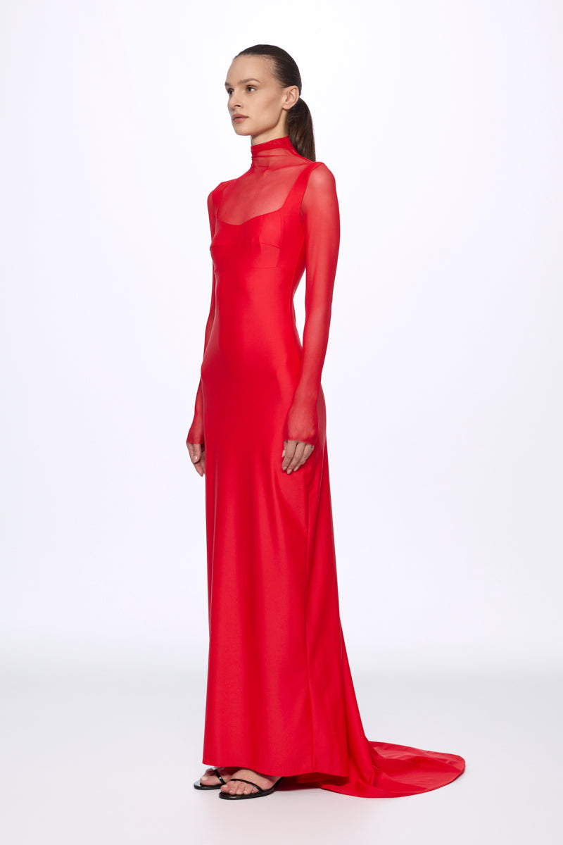 ATU Body Couture Long and formal robe maxi mesh rouge col montant