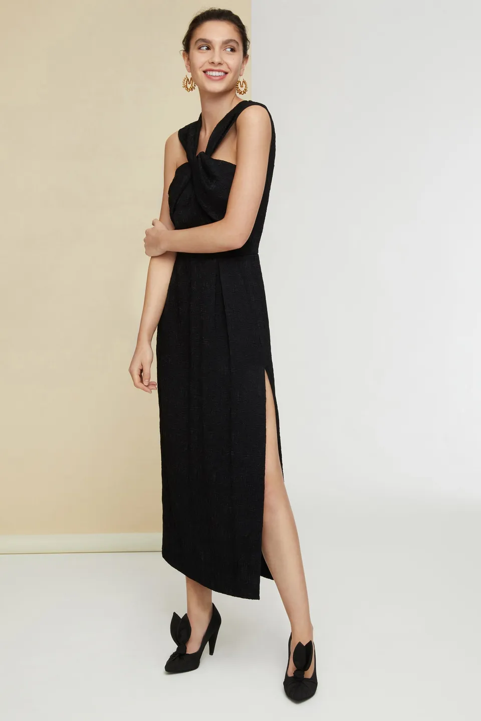 Patou DR051 maxi robe noire viscose devant torsadé