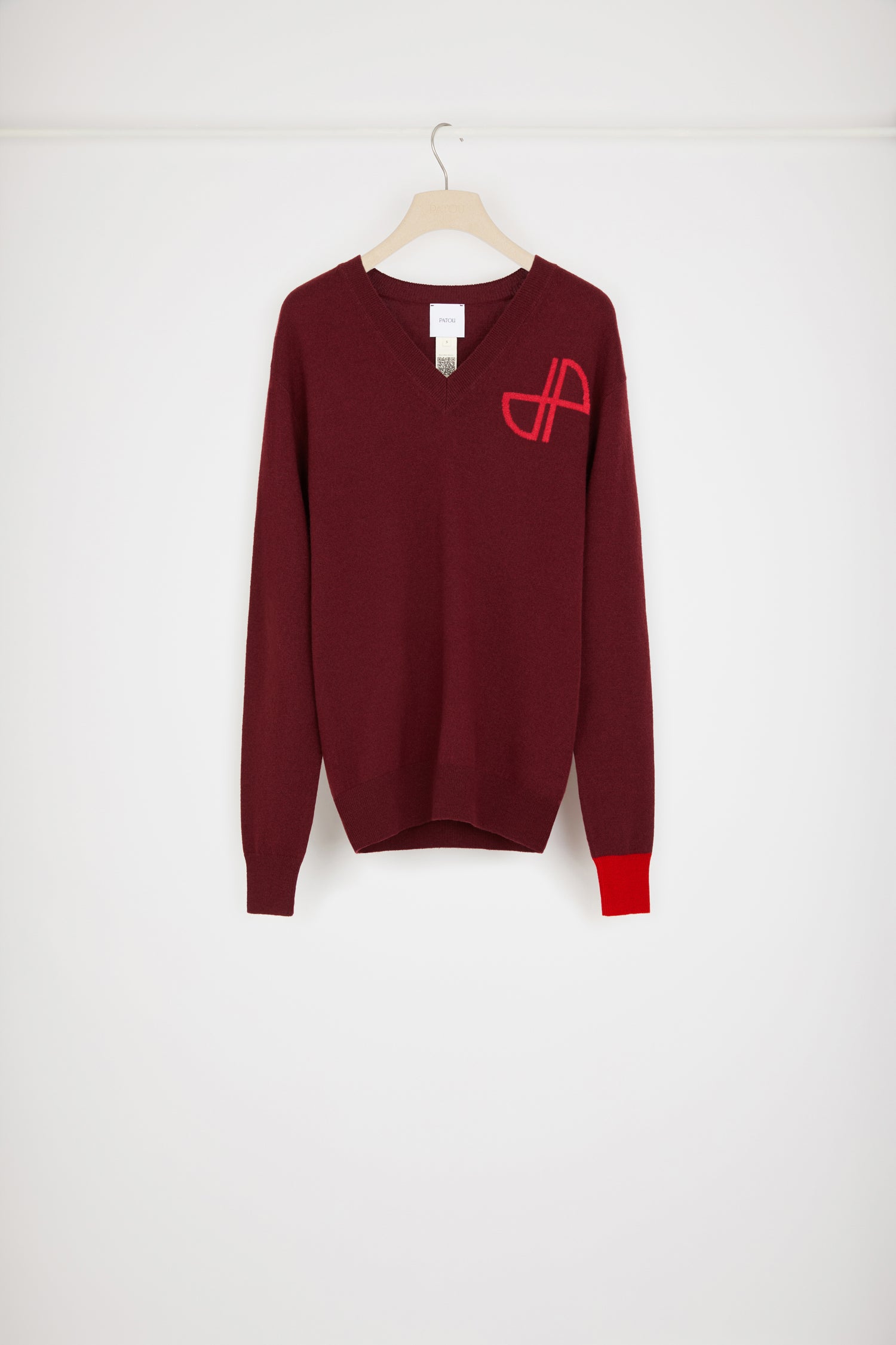 Patou KN132 pull col V laine cachemire bordeaux dahlia