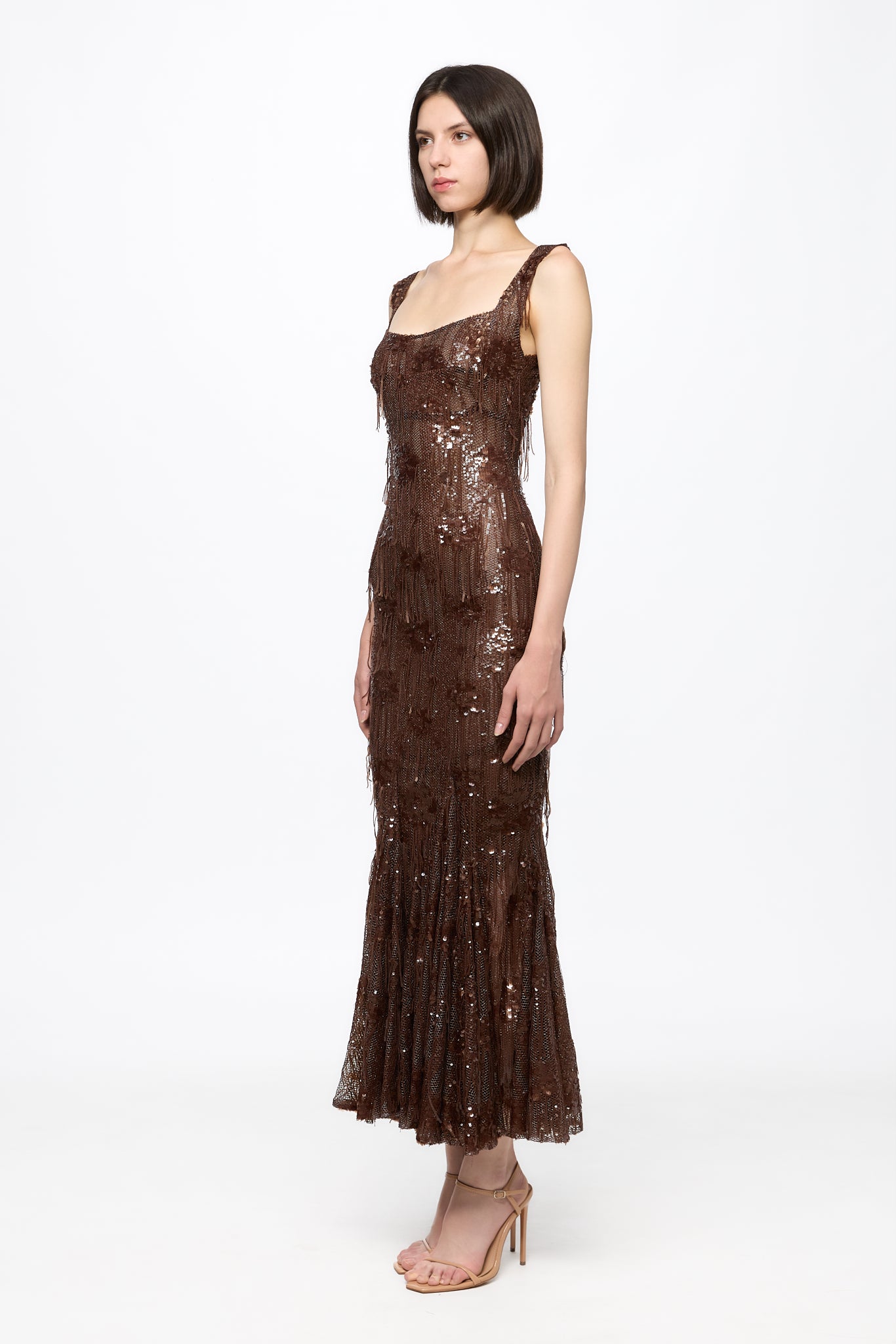 ATU Body Couture Sequins and Feathers robe longue sirène marron taille S