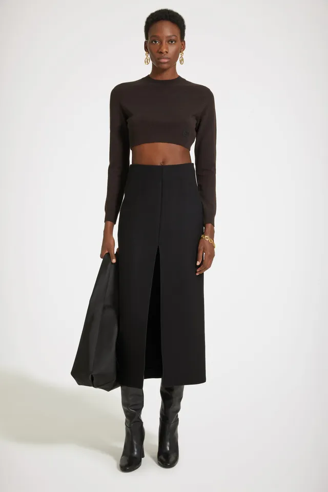 Patou SK054 jupe midi noire fendue feutrine laine