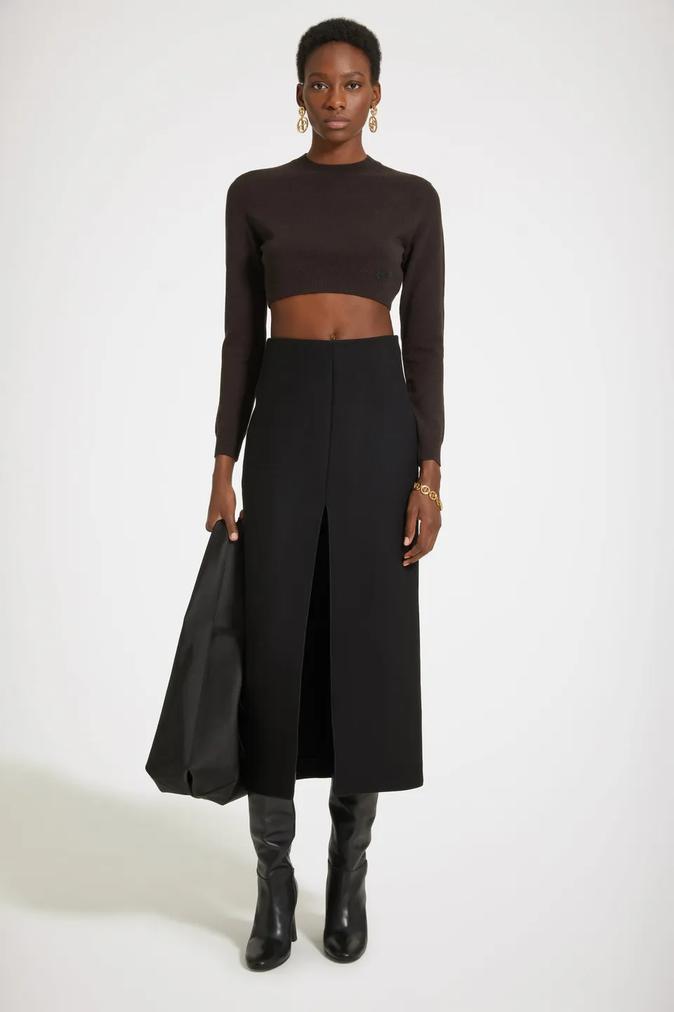 Patou SK054 jupe midi noire fendue feutrine laine