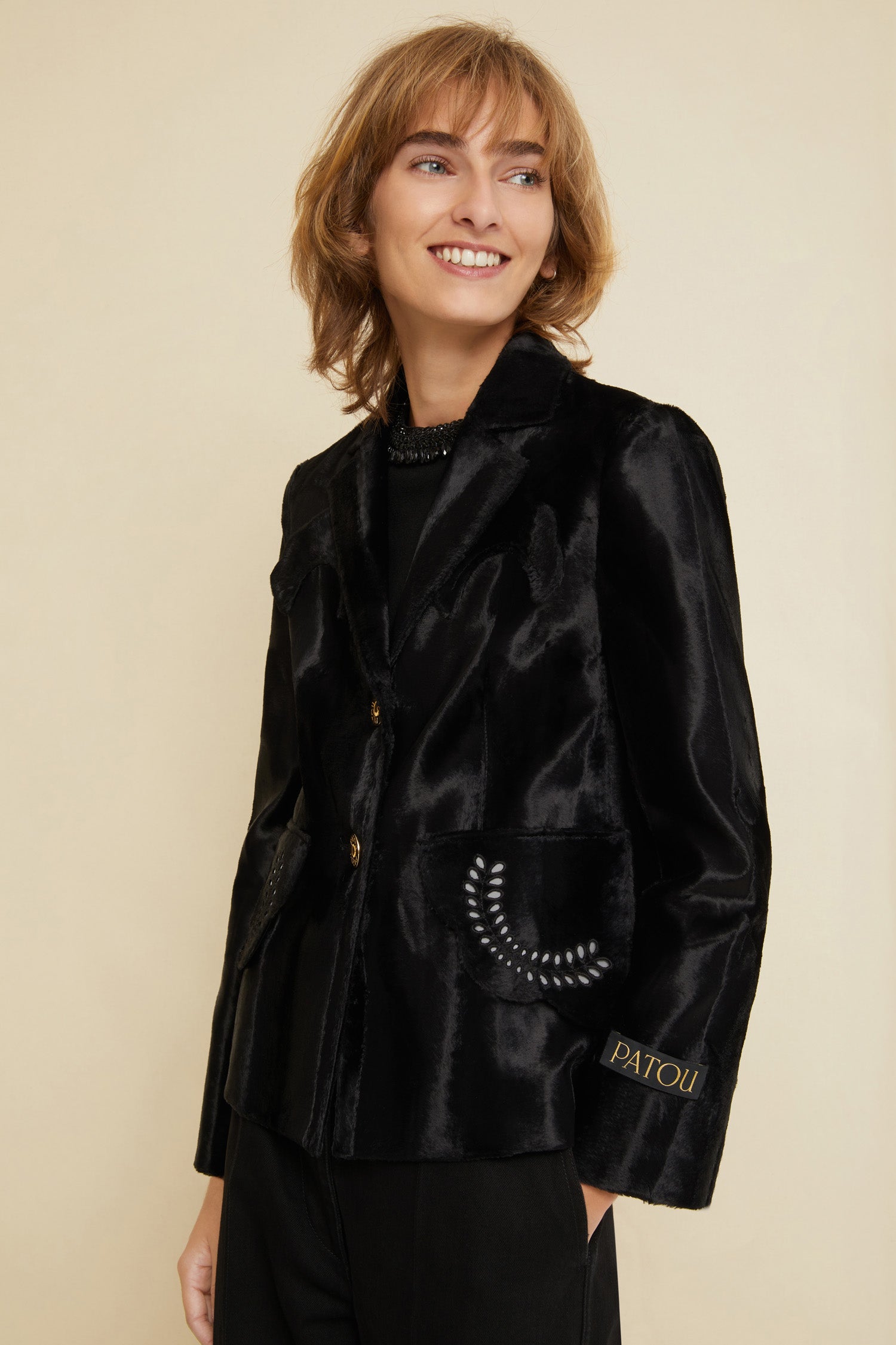 Patou JA017 veste brodée simili ponyskin noir Black