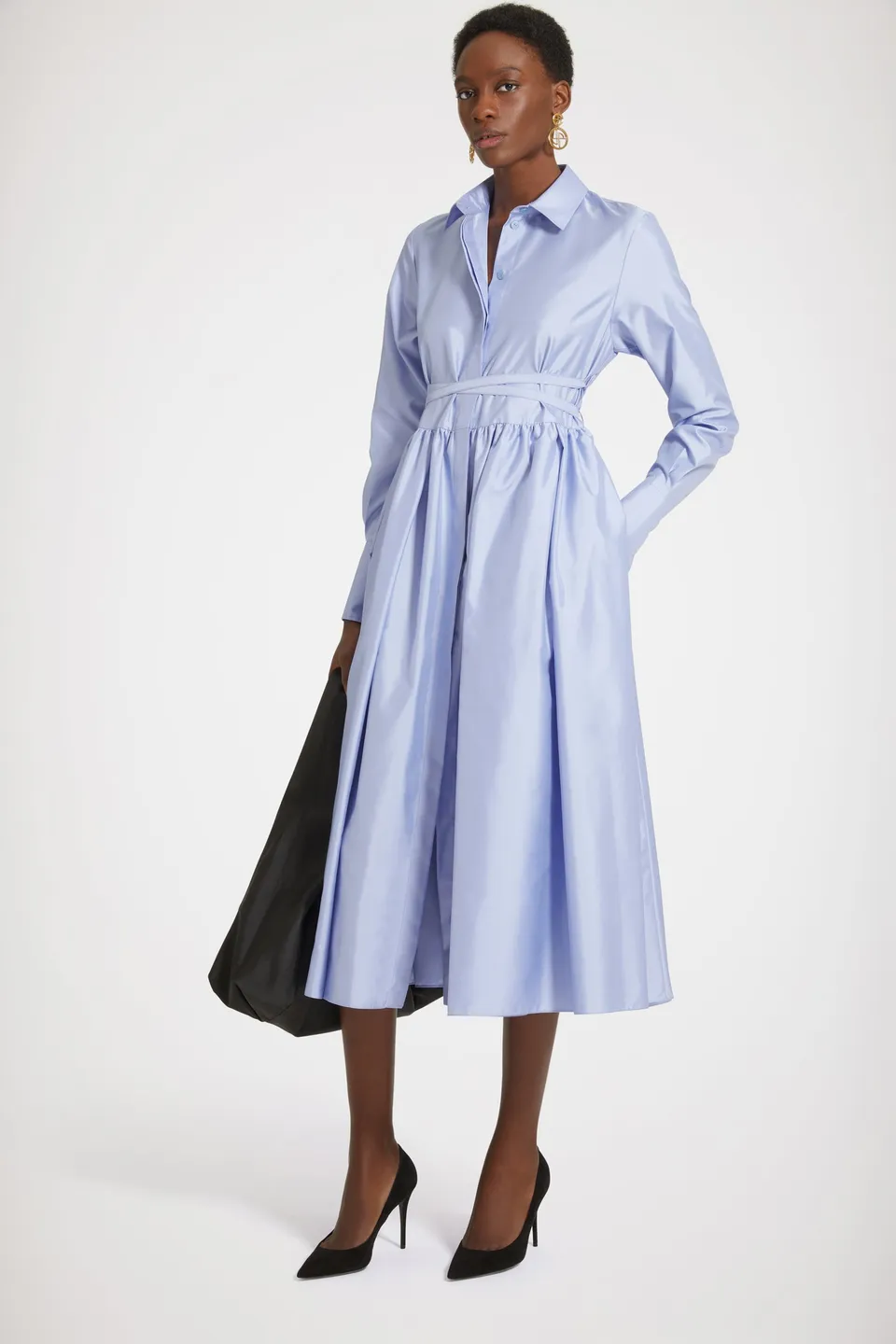 Patou robe chemise midi satin Alaska Blue 38 ceinturée