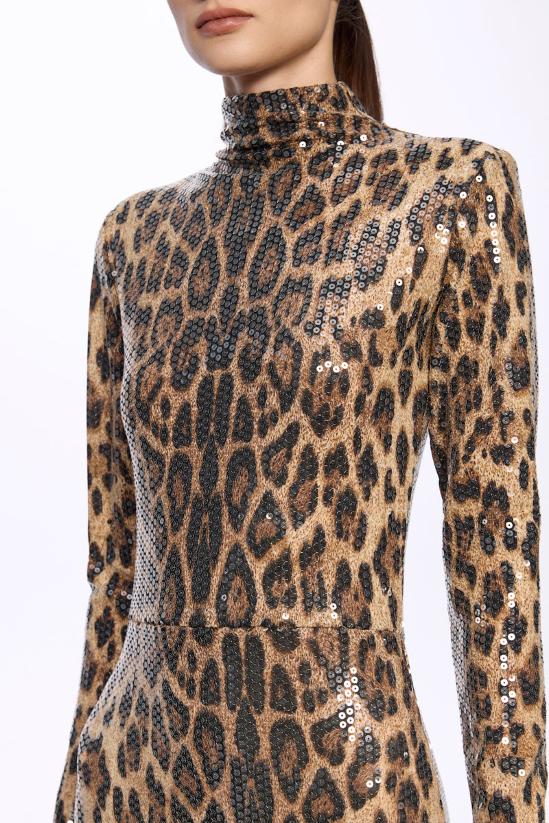ATU Body Couture Long robe léopard sequins col montant taille S