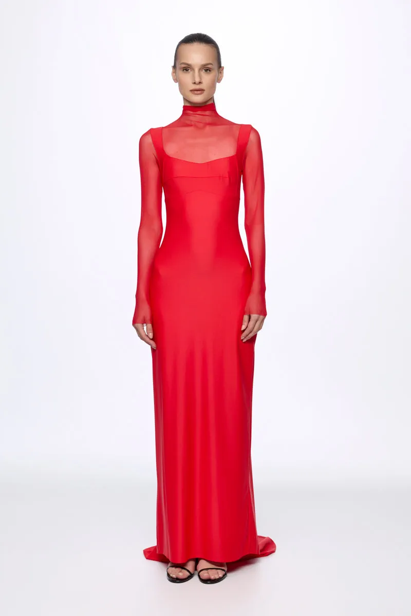 ATU Body Couture Long and formal robe maxi mesh rouge col montant