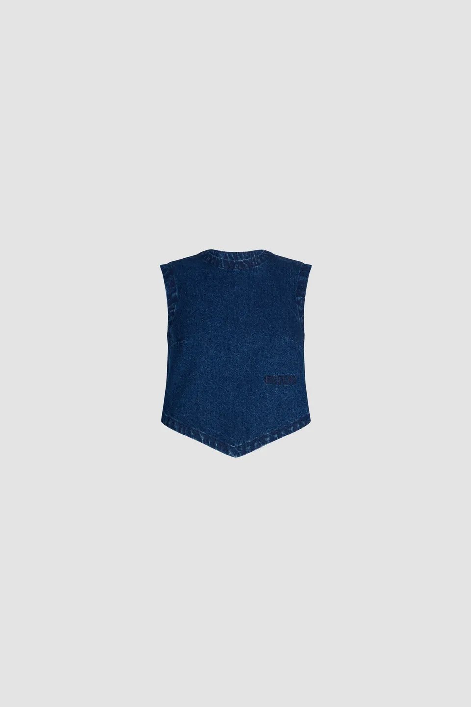 Patou TO161 top denim coton Ink Blue cropped dos noué