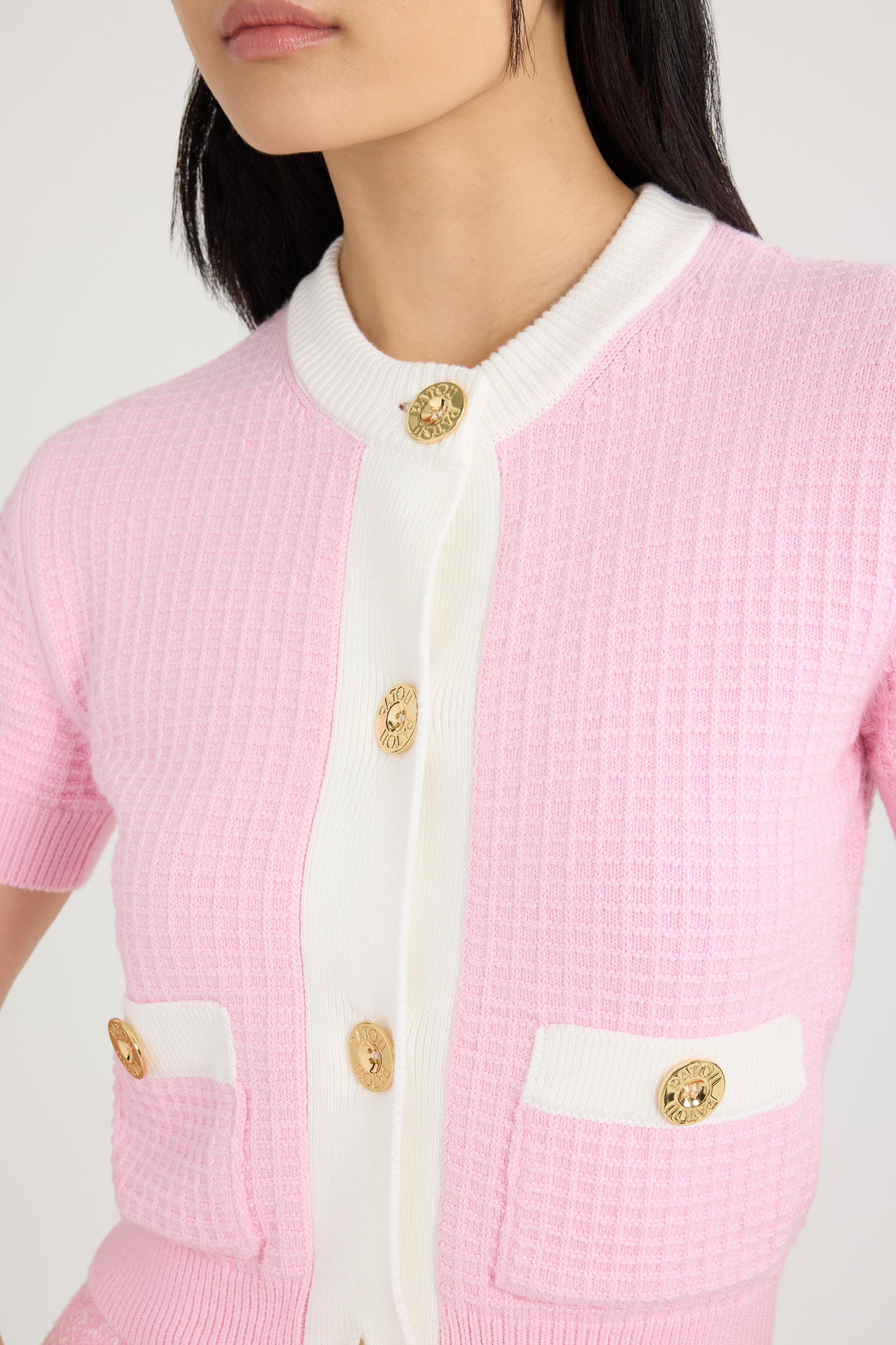 Patou P25KN2418087455P cardigan coton rose gaufré cropped