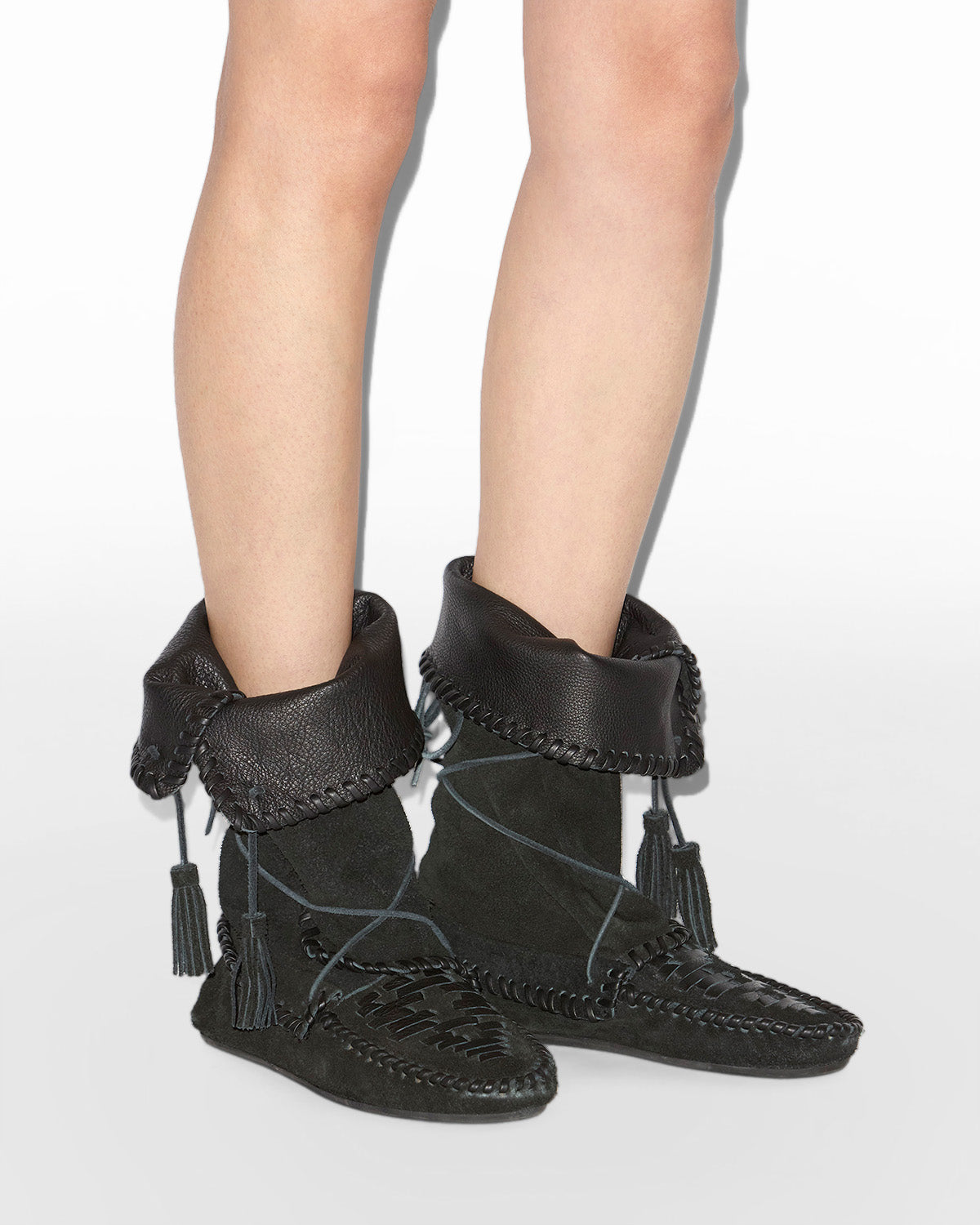Isabel Marant Winki boots cuir noir tressé pompons