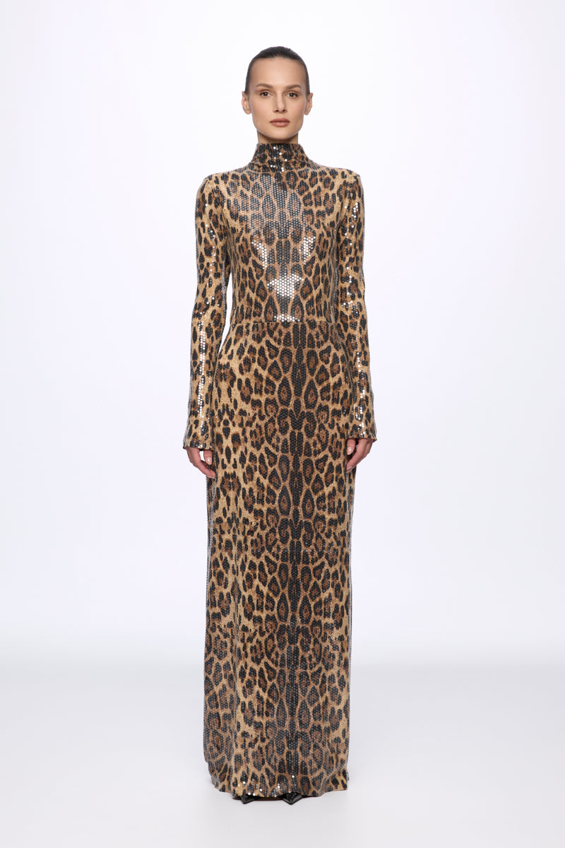 ATU Body Couture Long robe léopard sequins col montant taille S