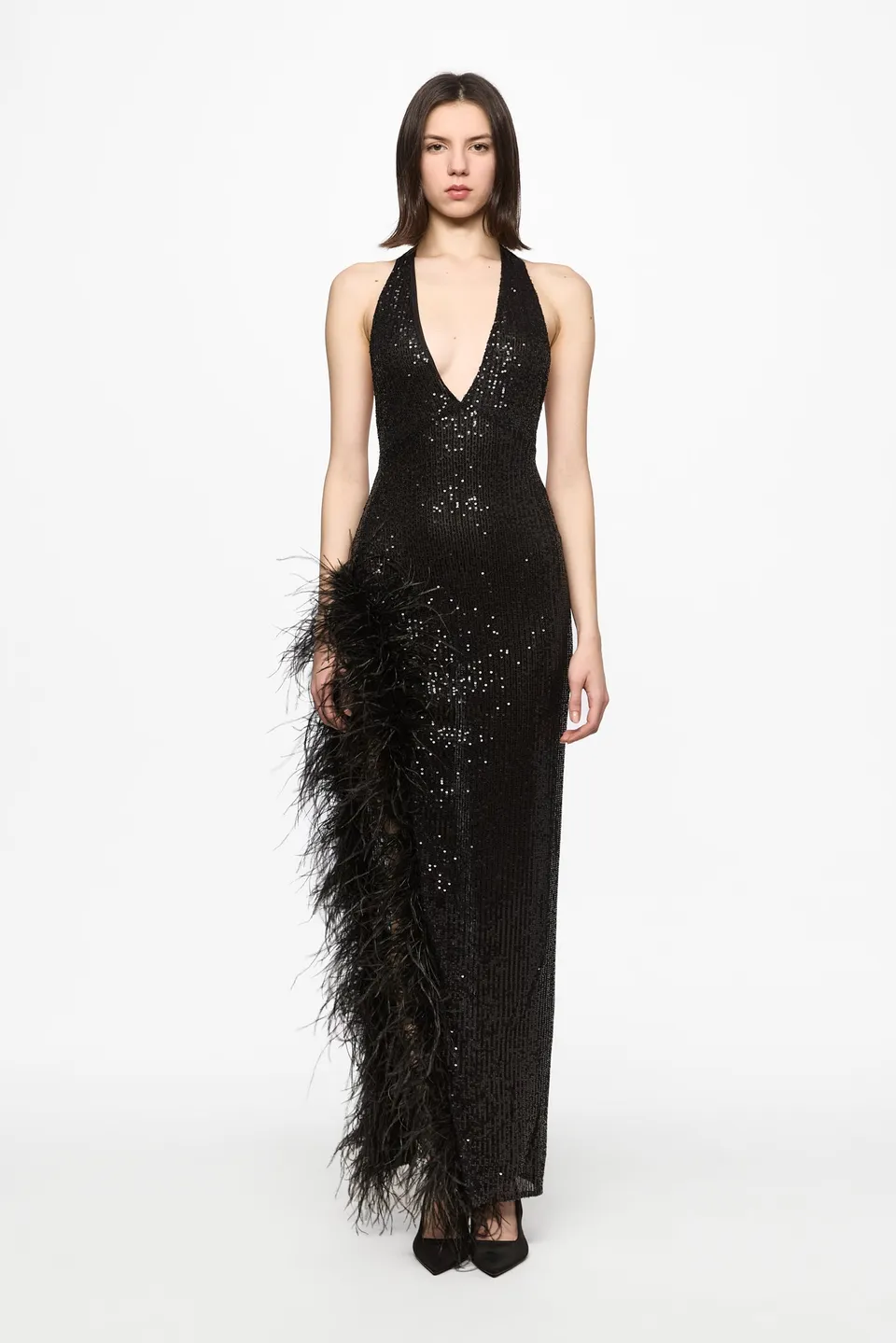 ATU Body Couture Feather-trim robe maxi sequins plumes noir
