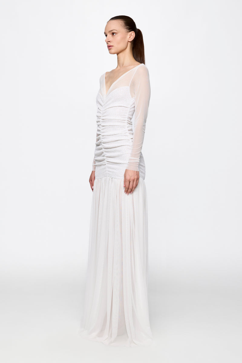 ATU Body Couture Ruched Tulle Gown in white sequins robe