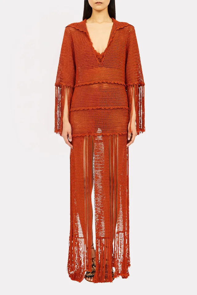 Ulla Johnson Appoline Robe Crochet Clay Franges Maxi