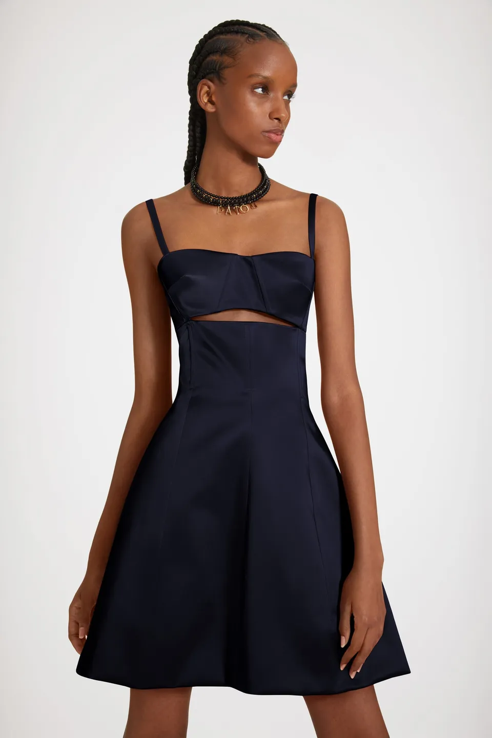 Patou DR111 robe satin bleu nuit ajourée coton bio