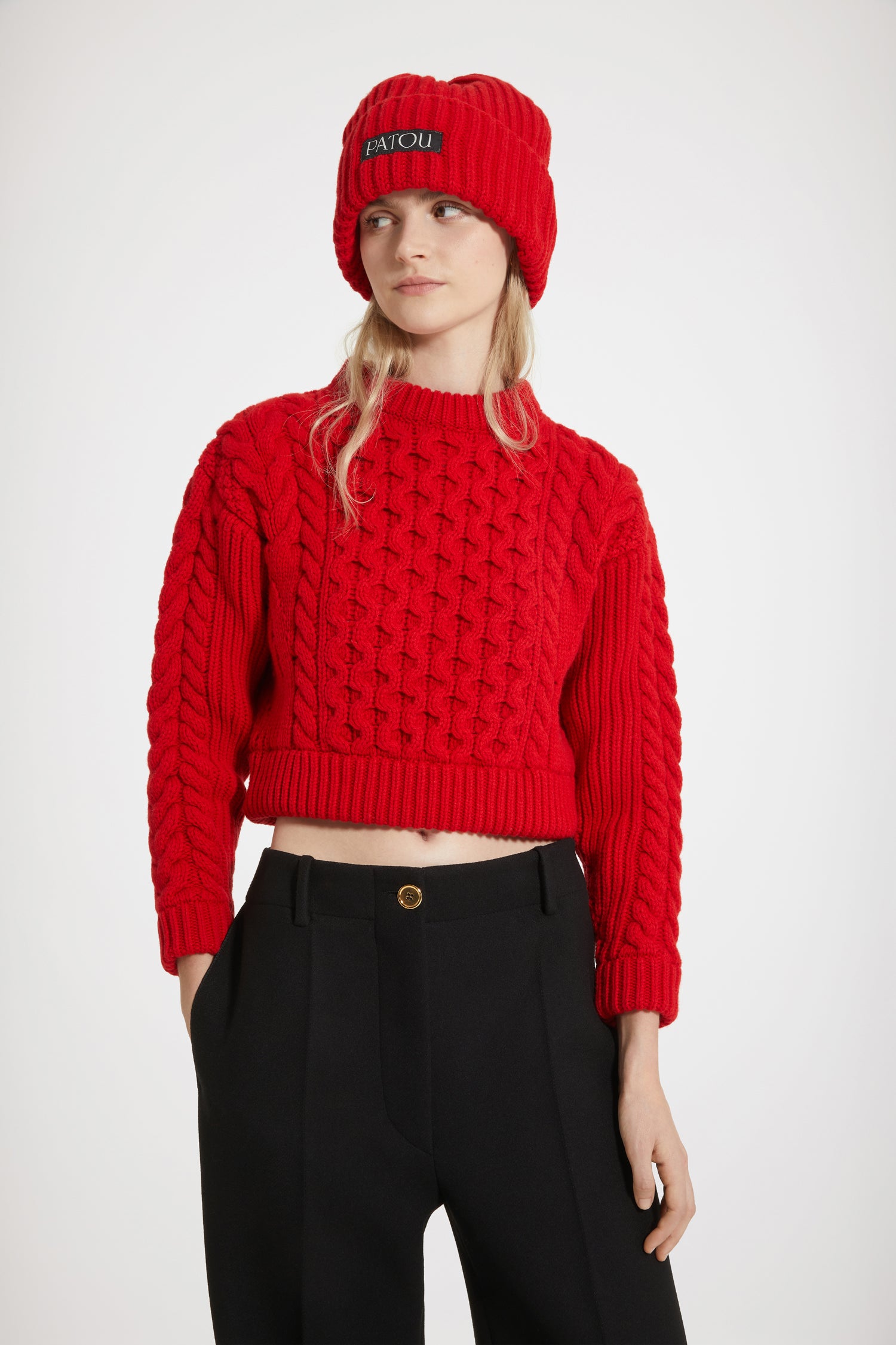 Patou KN138 cable knit jumper pull torsades rouge laine