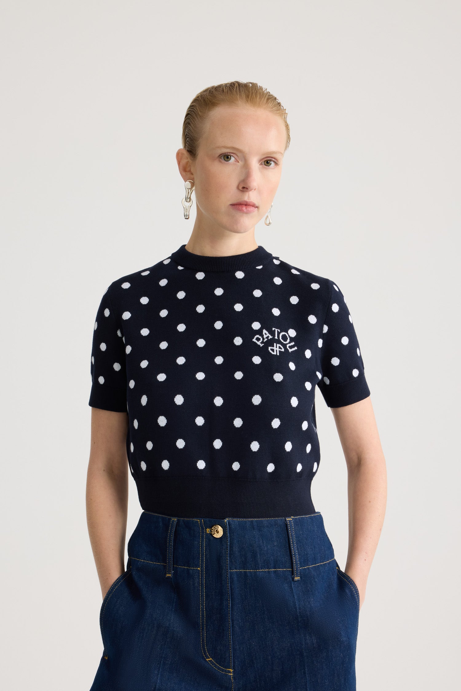 Patou KN318 t-shirt crop coton pois bleu Meteorite