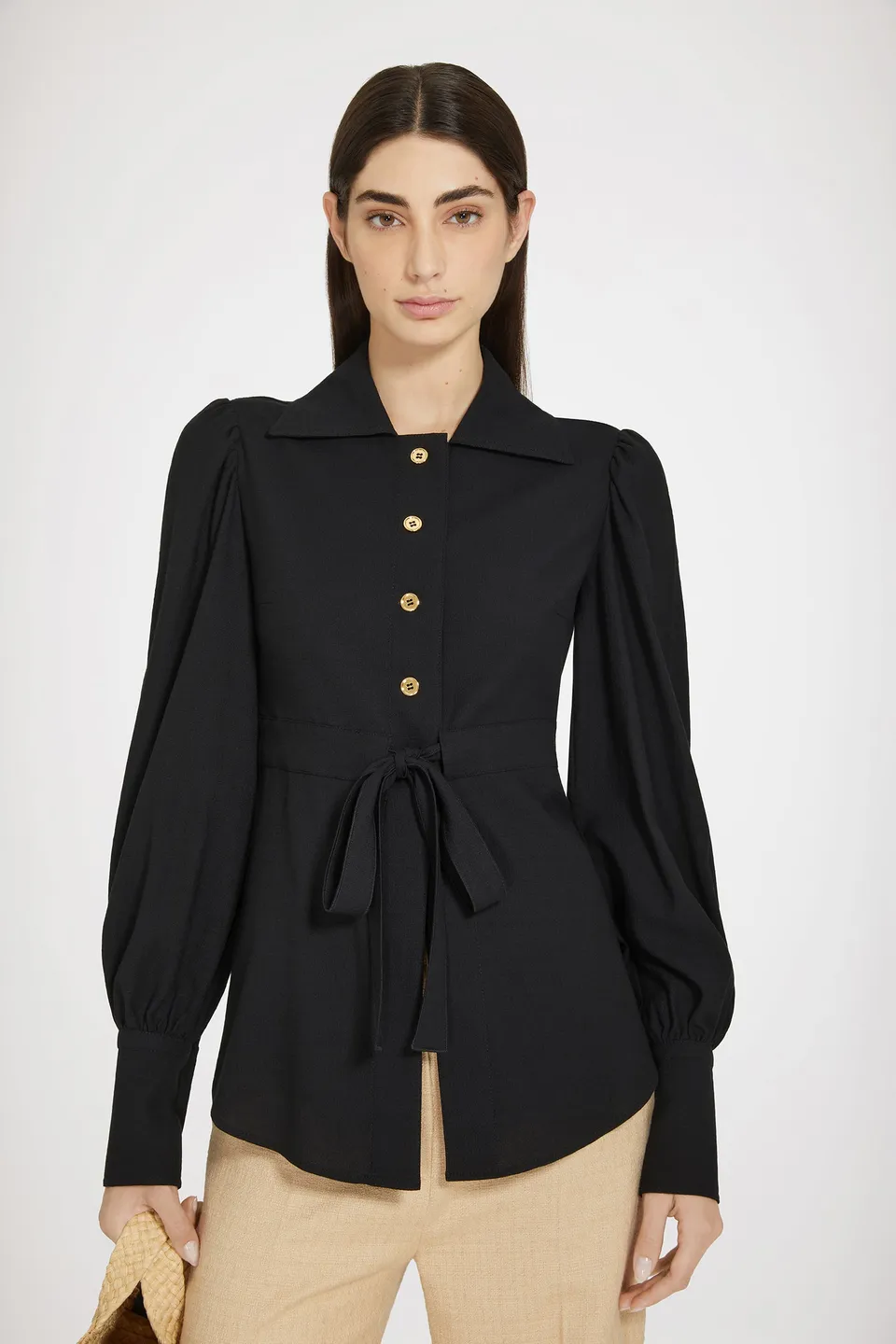 Patou P24BL0300167999B blouse seersucker noire manches bouffantes
